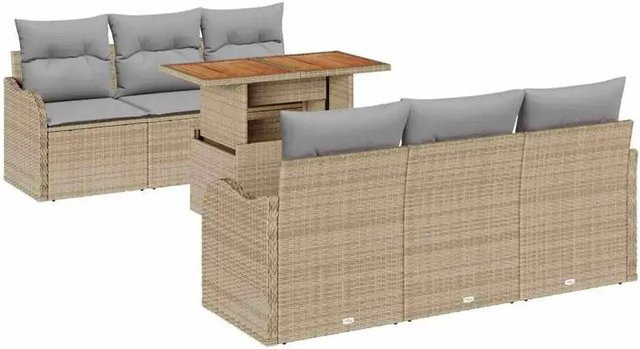 vidaXL Garten-Sofa-Set aus Polyrattan in Beige, 7-teiliges Set mit Tisch, Sitzbänken und Armlehnsesseln inklusive Stauraumfunktion und Polstern - Bild 1
