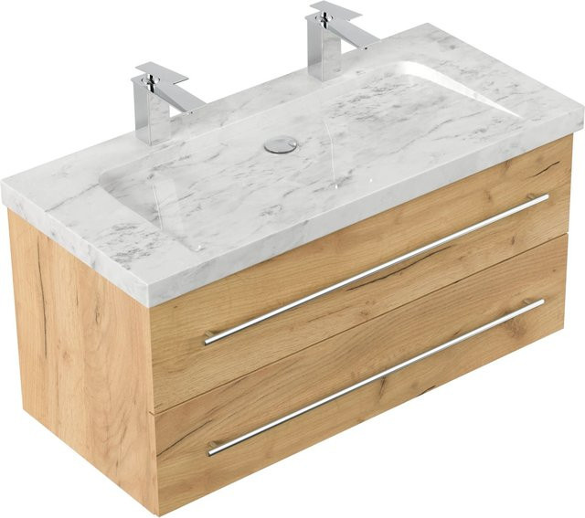 Posseik Badmöbel Yamo mit Marmor Carrara White Waschtisch in Eiche Gold Breite: 100 cm, Tiefe: 50 cm, Höhe: 45 cm - Bild 1