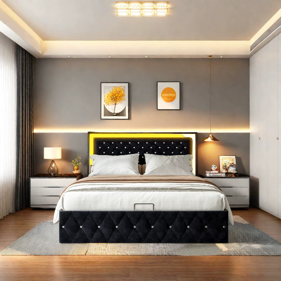 Rosahqnda Modernes Polsterbett mit Bettkasten und Lift-up-Funktion aus Velvet in Beige/Schwarz, 160 x 200 cm - Bild 2