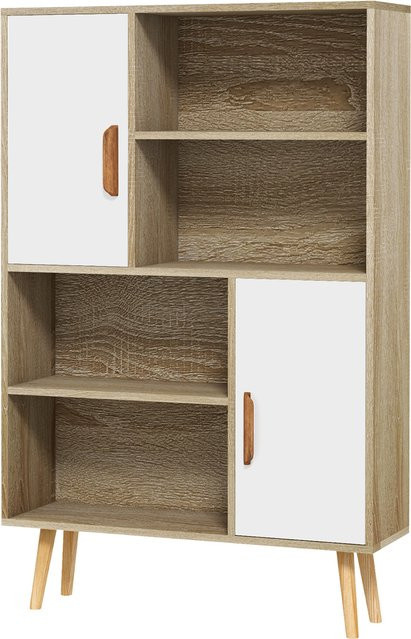 Aosom Skandinavisches Bücherregal mit 4 Nischen und 2 Schranktüren in Eiche, verstellbare Regalböden und Füße aus massivem Kiefernholz, H x B x T: 123 x 80 x 24 cm - Bild 1