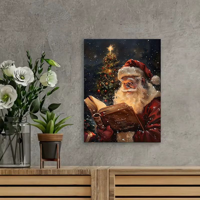 Potdemiel Retro Leinwanddruck Weihnachtsmann und Rentier mit Lebkuchenhütte als Wandkunst für dein Wohnzimmer - Bild 4