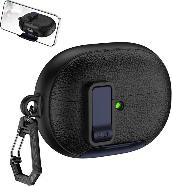 Schutzhülle für Huawei FreeBuds Pro 5 aus PU-Leder mit Telefonständer und Schalterverschluss, Schwarz - Bild 1