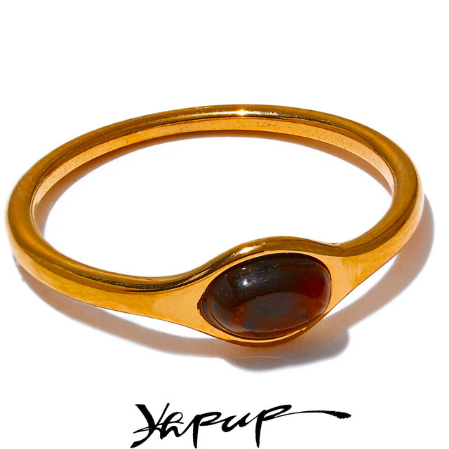 Yhpup Ring Edelstahl, Gold, Naturstein, Bernstein, Damen - Bild 1