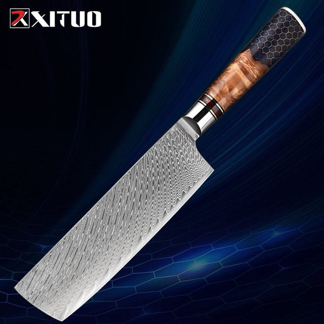 Xituo Damaskus Nakiri Küchenmesser aus Holz, 17,78 cm, Silber/Rot - Bild 1