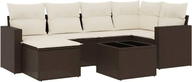 vidaXL 7-teilige Garten-Sofagarnitur aus Poly-Rattan in Braun mit cremeweißen Kissen - Bild 1