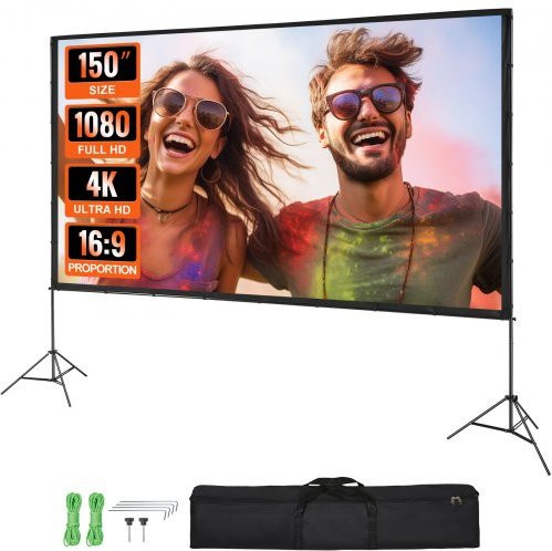 VEVOR Projektor Leinwand mit Stativ 150 Zoll 16:9 HD 4K für Heimkino und Outdoor in Schwarz und Weiß - Bild 1