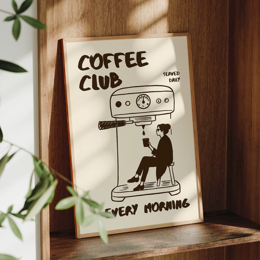 CoffeeClub Vintage Coffee ArtPrint Wanddeko mit Barista und Espressomaschine Design, Mehrfarbig - Bild 2