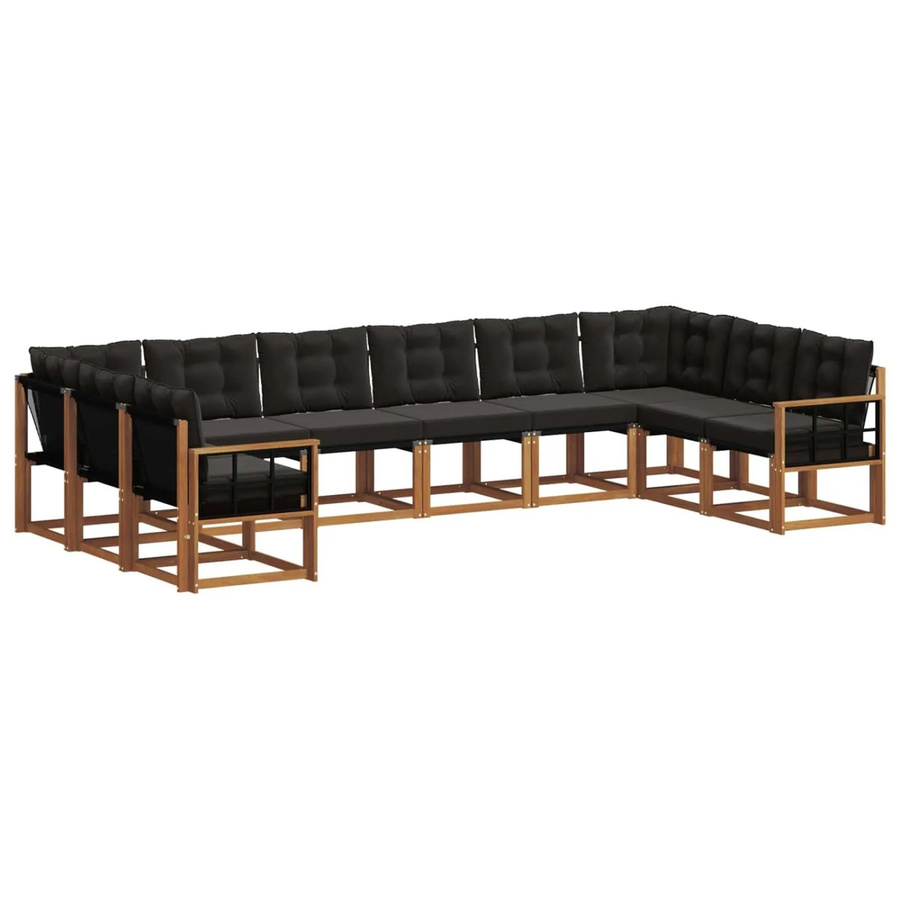 vidaXL Outdoor-Sofagarnitur 10-teilig in U-Form aus Akazienholz mit Textilene und Kissen, Natur und Schwarz - Bild 2