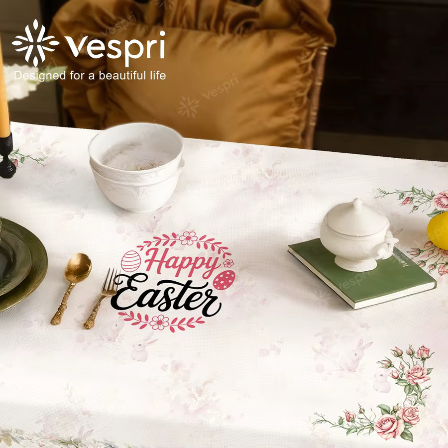 Vespri Oster-Tischdecke aus Polyester mit floralem Hase- und Rosenblüten-Design in Weiß und Rosa für runde Tische - Bild 3