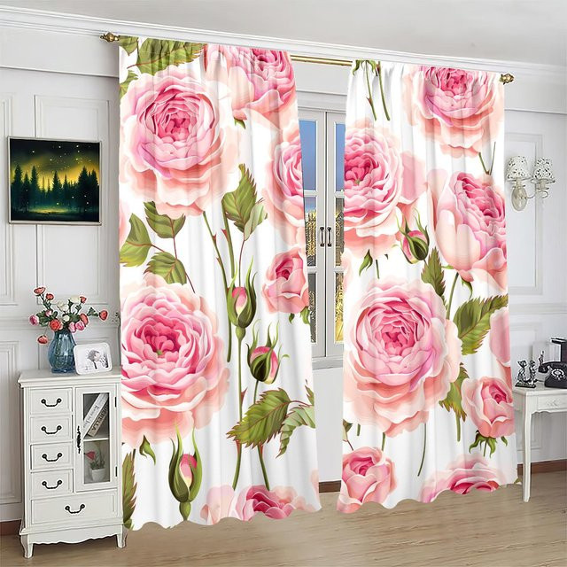 2er-Set Vorhänge mit Rosen-Print in Pink aus Polyester, semi-transparent und floral im modernen Design - Bild 1