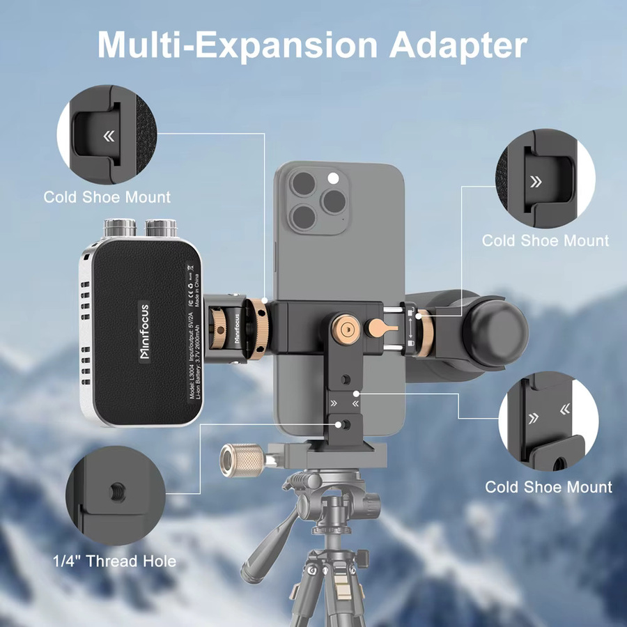 MINIFOCUS Metall-Handy-Stativhalterung in Schwarz mit 3 Cold-Shoes und Arca-Anschluss sowie 360 Grad Drehung für iPhone und iOS Smartphones - Bild 2