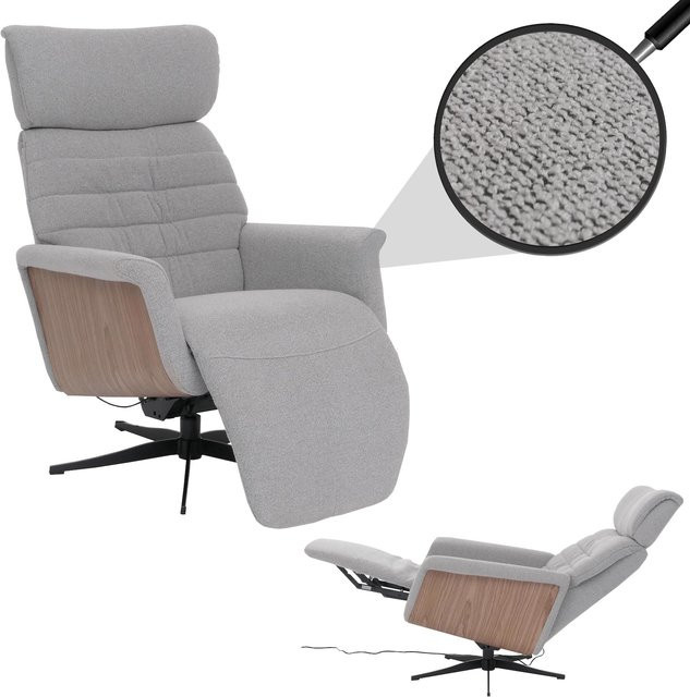 MCA Relaxsessel MCW-N56 als drehbarer Liegesessel mit Fußstütze aus grauem Bouclé-Stoff und Holz in Walnuss-Optik - Bild 1