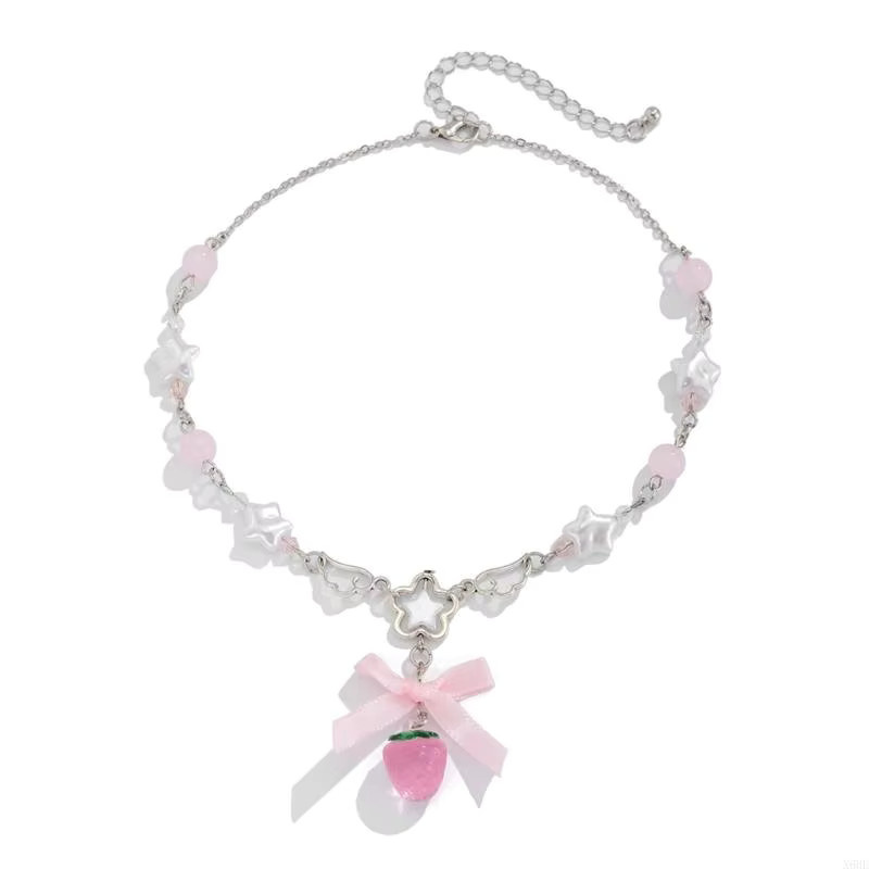 JAVRICK Halskette, Erdbeere, Pentagramm, Rosa Schleife, Weiß, Damen - Bild 2