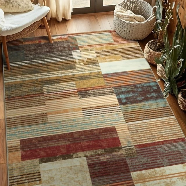 VIKAMA Vintage Teppich mit geometrischem Dreieck-Design in Terrakotta und Türkis, rutschfest und waschbar - Bild 1
