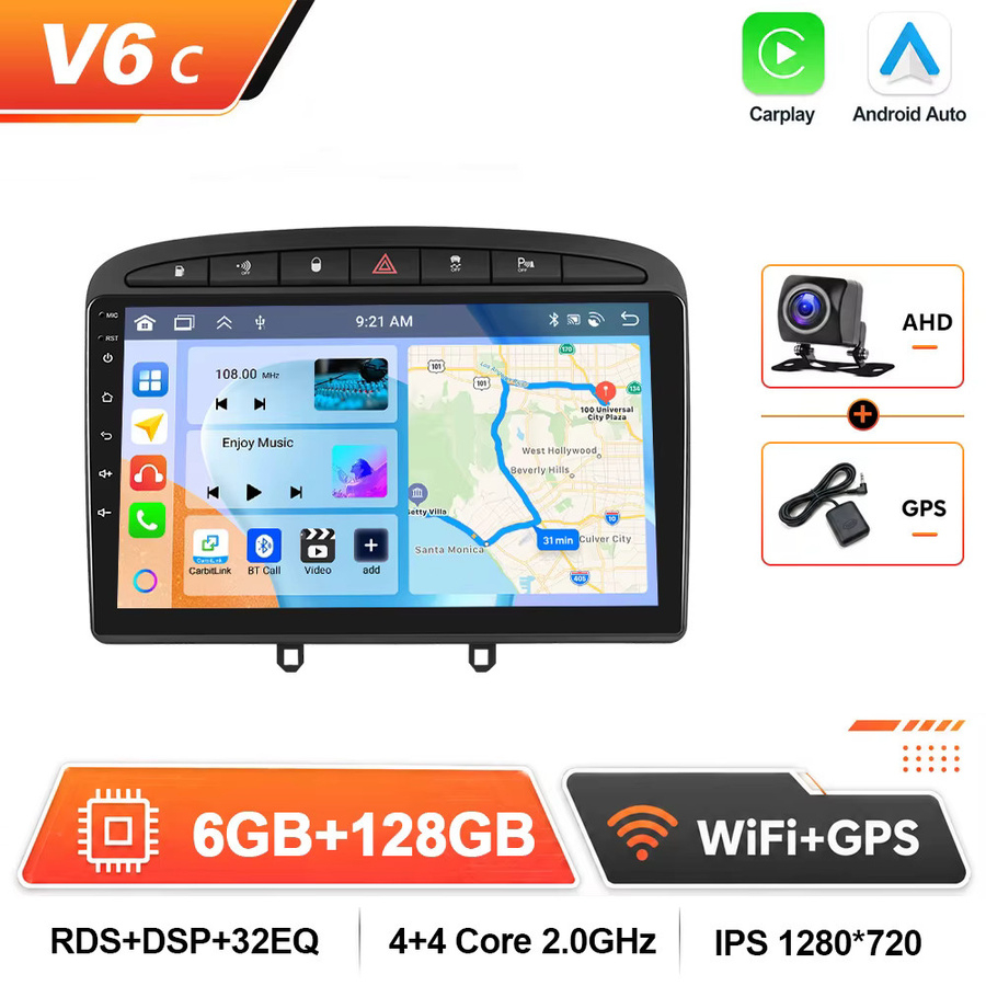 Podofo 4G Wireless CarPlay Android Autoradio mit GPS für Peugeot 308 408 2007-2015 in Schwarz - Bild 8
