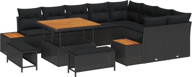 vidaXL Gartensofa-Set aus Polyrattan in Schwarz mit Kissen und Couchtisch für Terrasse und Garten - Bild 1