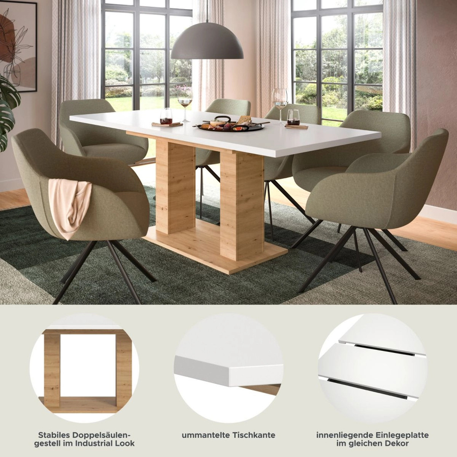 Ausziehbarer Esstisch Inn.Furn in Weiß und Eiche modern, B/T/H: 150 x 90 x 76 cm bis 190 x 90 x 76 cm - Bild 4