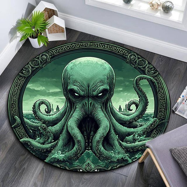 Runder Teppich mit Oktopus-Motiv von Manus Home in Grün, rutschfest und waschbar, Durchmesser: 80 cm - Bild 1