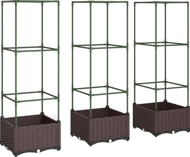 Outsunny Hochbeet Set mit Rankgitter aus Stahl, 3er Set Pflanzkübel für Kletterpflanzen, Grün/Braun, B/T/H: 40 x 40 x 125 cm - Bild 1