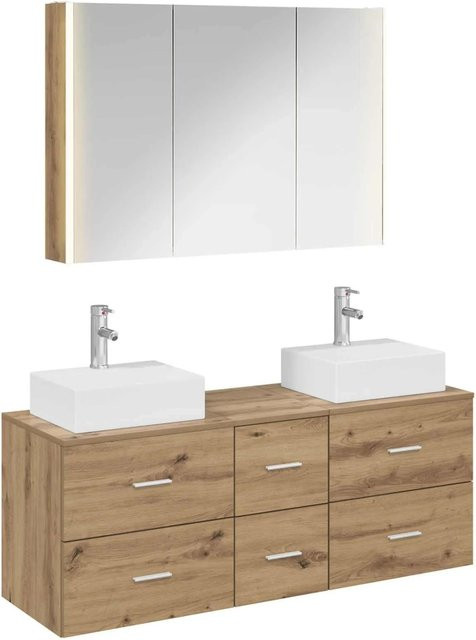vidaXL Badezimmermöbel-Set 4-teilig in Artisan-Eiche mit Waschtischunterschrank und Spiegelschrank, Braun, mit LED-Beleuchtung und Glas - Bild 1