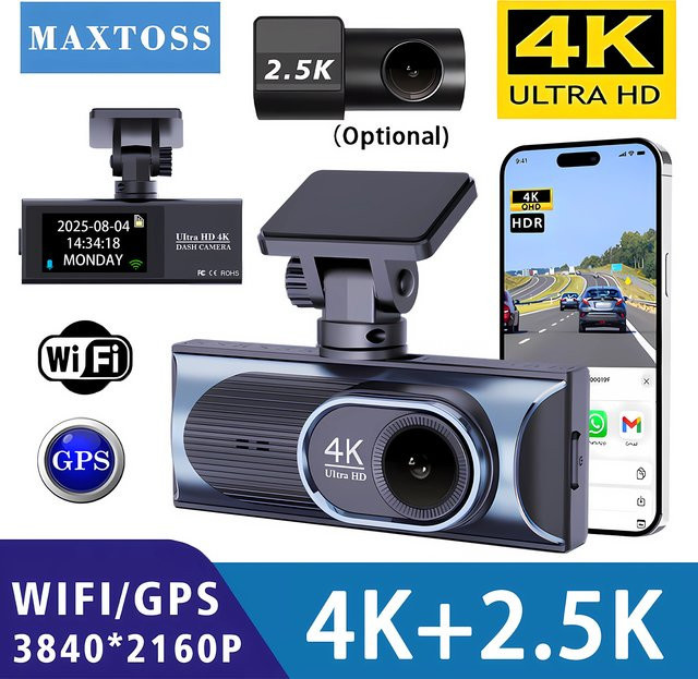 Maxtoss Dual Dashcam Set mit 4K WLAN GPS und 2,5K Rückfahrkamera in Schwarz - Bild 1