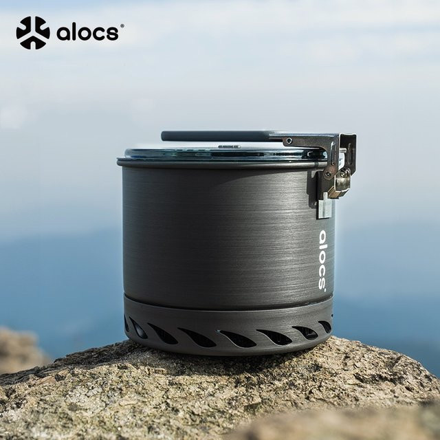 ALOCS Outdoor Camping Kochtopf aus Aluminiumlegierung in Silber mit winddichtem Ring und klappbarem Griff - Bild 1