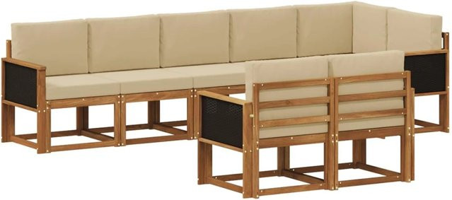vidaXL Outdoor-Sofagarnitur in L-Form aus Akazienholz mit beigefarbenen Polstern und Kissen - Bild 1