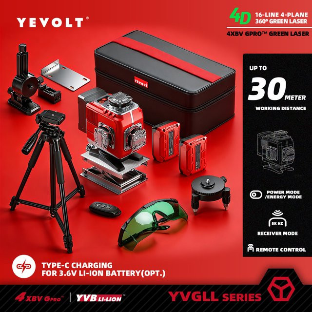 YEVOLT YVRLL4LD16 4-Flächen-Rotlichtlaser 4D mit 16 Linien, selbstnivellierendes Messwerkzeug für horizontale und vertikale Messungen, Farbe: Rot - Bild 1