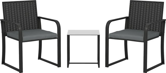 Outsunny 3-teiliges Garten-Set aus Rattan in Grau mit 2 Stühlen inklusive Kissen und Tisch mit Glasplatte - Bild 1