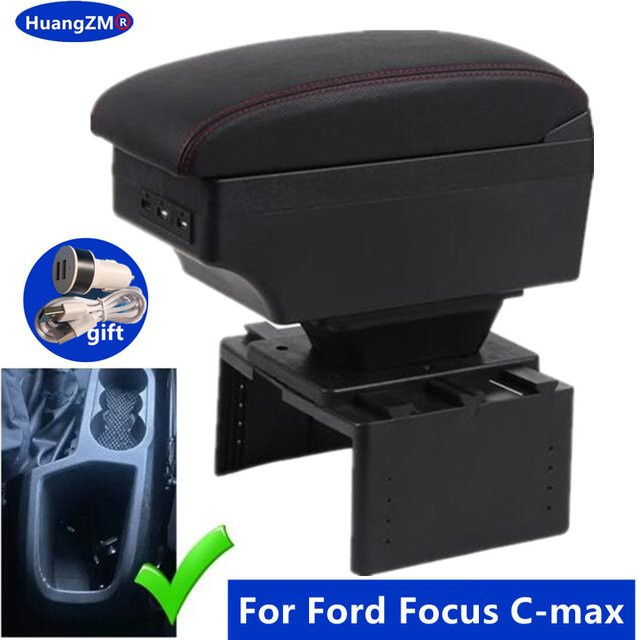 HuangZM Auto-Armlehne für Ford Focus C-Max mit USB-C Anschluss, zentrale Armlehnenbox zur Innenraum-Nachrüstung, Schwarz - Bild 1