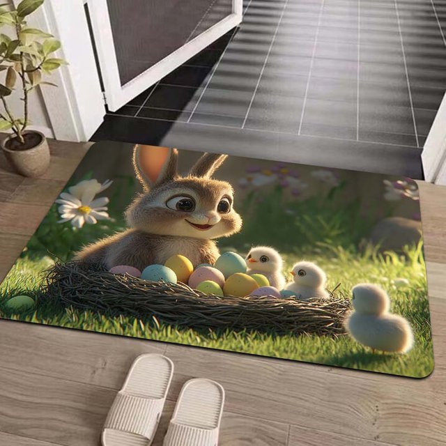 VIKAMA Dekorative Ostern Fußmatte mit Fluffy Bunny und Egg Nest Design für Wohnzimmer und Schlafzimmer, Mehrfarbig - Bild 1