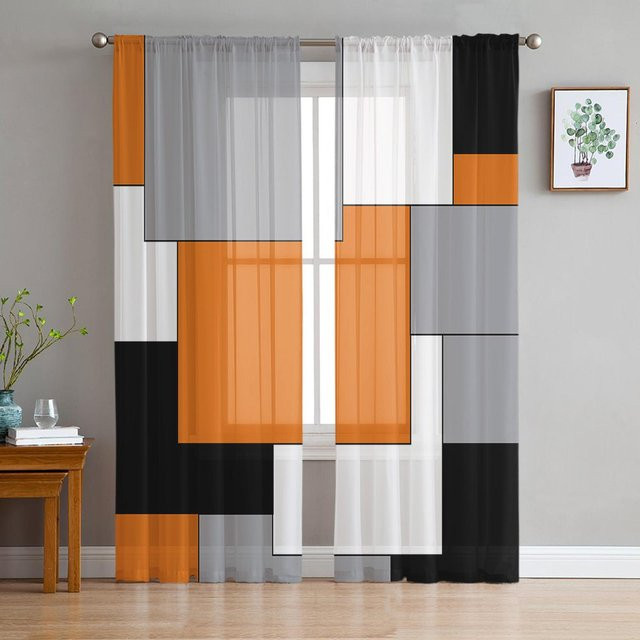 Yiran Furniture Transparente Organza-Vorhänge mit geometrischem Muster in Orange, Breite: 135 cm, Höhe: 160 cm - Bild 1