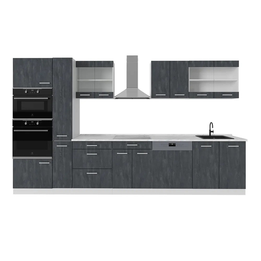 Vicco R-Line Küchenzeile in Schwarz Beton und Weiß mit weißer Marmor Arbeitsplatte, Breite: 350 cm - Bild 3