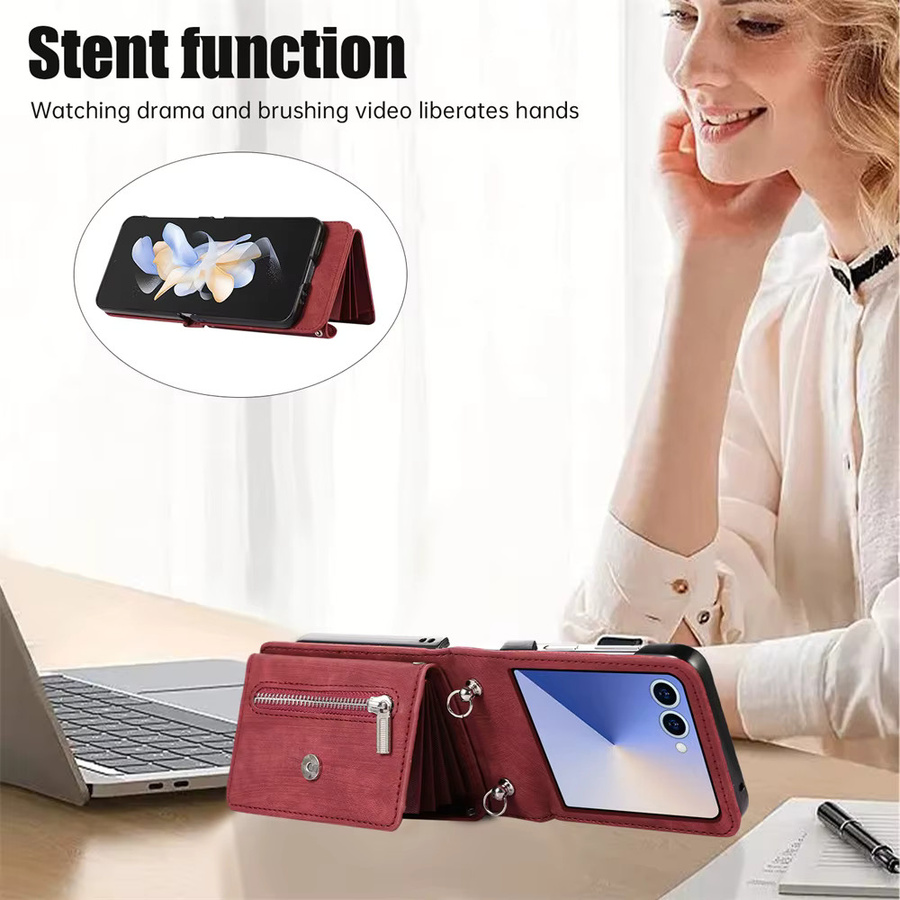 Leder Crossbody Brieftasche und Handyhülle mit Reißverschluss und Kartenhalter für Samsung Galaxy Z Flip7 FE, Flip6, Flip5, Flip4 und Flip3 in Purple - Bild 4