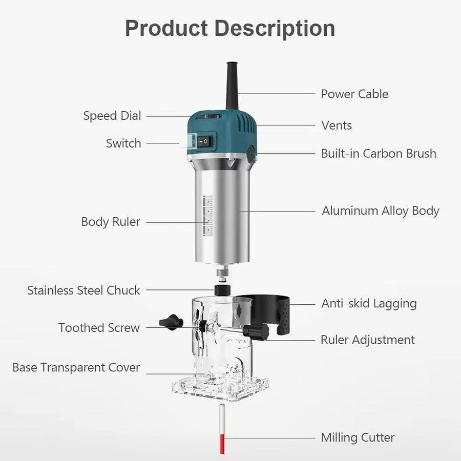 Elektrischer Holzbearbeitungs-Trimmer mit 800 W Leistung, 6 Geschwindigkeiten und 30.000 U/min, geeignet für 6,35 mm Fräser zur Gravur und für Holzarbeiten - Bild 5