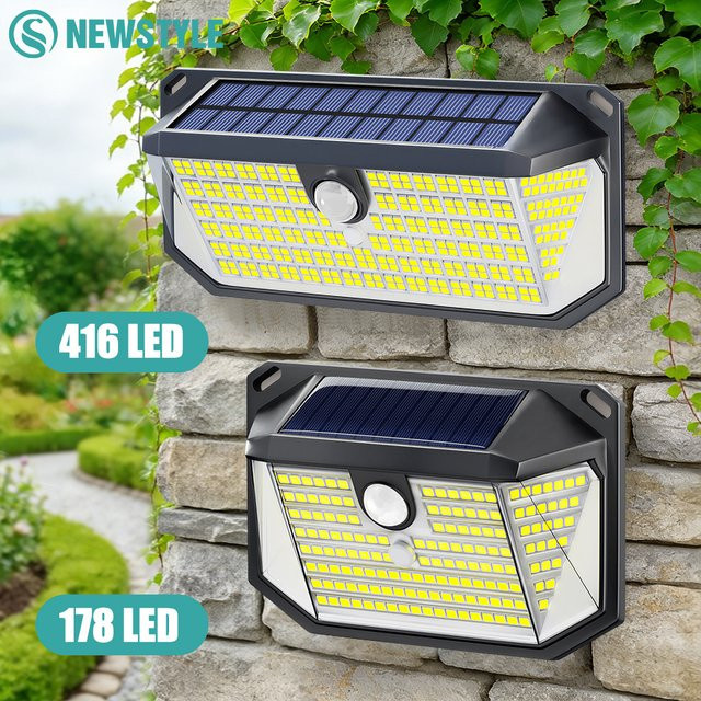 Wasserdichte LED Solarleuchten für Außenbereich mit 300 LEDs, Bewegungssensor und 3 Modi, winkelverstellbare Gartenleuchten in Schwarz für Terrasse und Garten - Bild 1