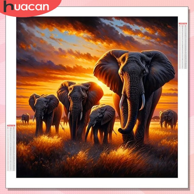 HUACAN 5D DIY Diamantmosaik Elefant Sonnenuntergang Wanddeko mit runden Bohrern in Multicolour - Bild 1