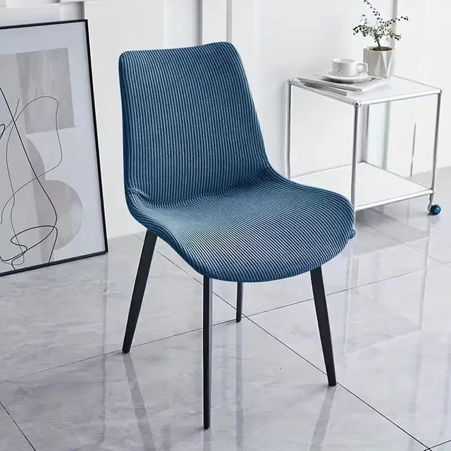 Elastischer Jacquard Esszimmerstuhlbezug für Stühle mit gebogener Rückenlehne in Blau - Bild 1