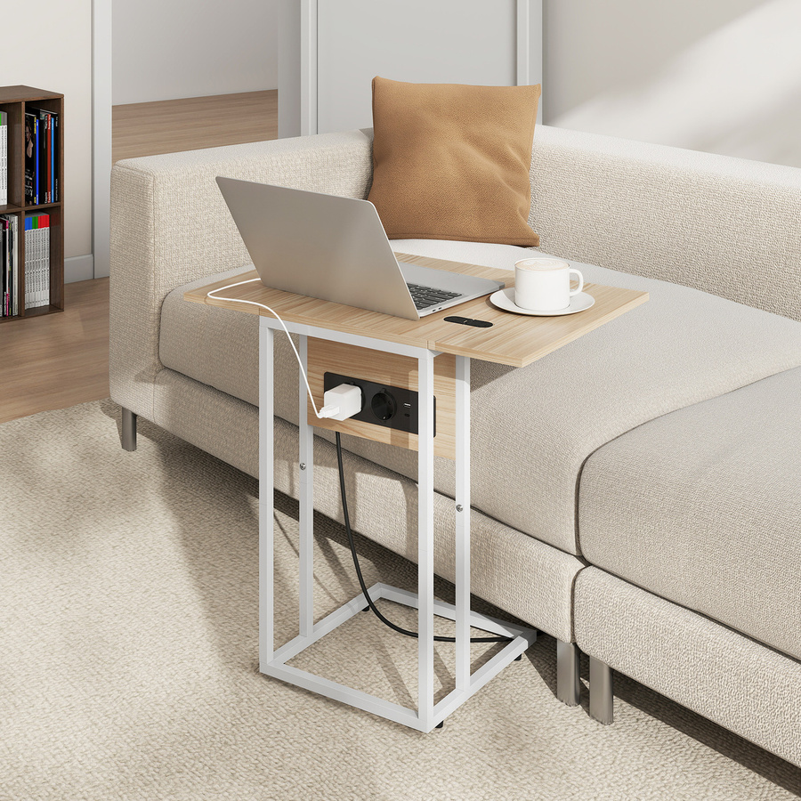 HOMCOM Beistelltisch C-förmig in Holzfarben mit Steckdosenleiste, klappbarer Couchtisch mit Metallbeinen für Wohnzimmer und Schlafzimmer, B/T/H: 39 x 29 x 57 cm - Bild 2