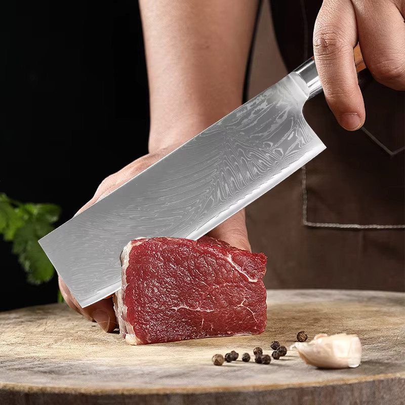InLeung Damaskus Kochbeil Cleaver aus Stahl mit Holzgriff in Silber - Bild 4