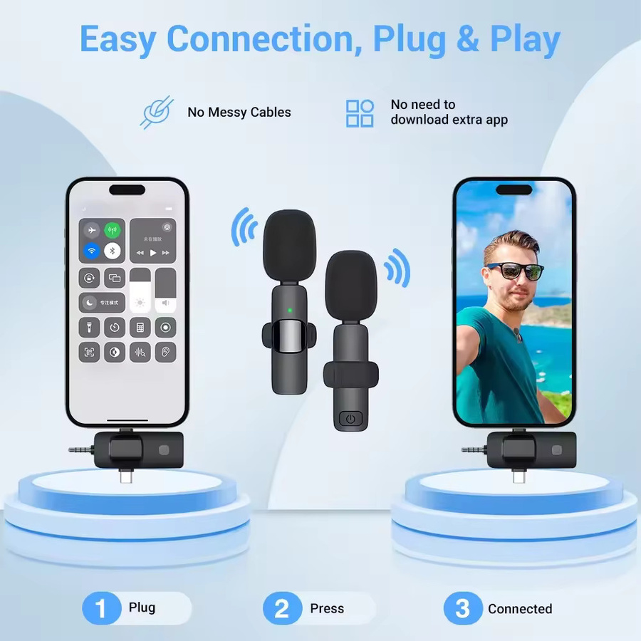 Basix Mini Kabelloses Lavaliermikrofon mit Geräuschunterdrückung für iPhone und Android sowie Kameras in Schwarz mit USB-C Anschluss - Bild 5
