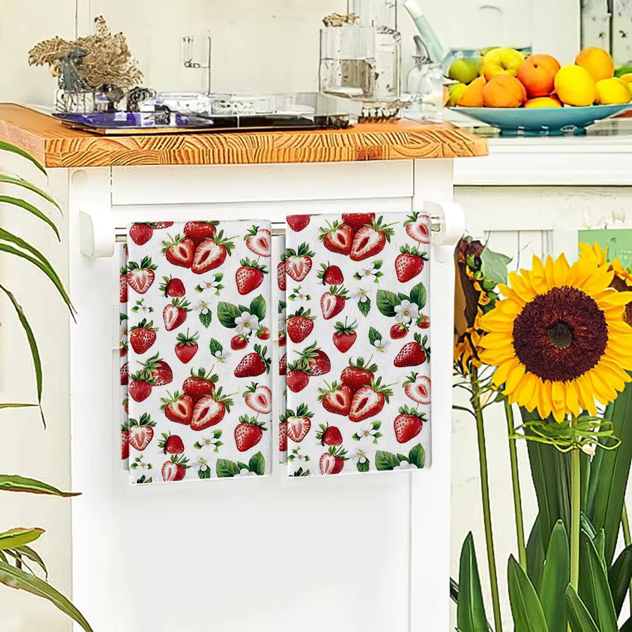 Yuanqi Küchentücher Set mit Erdbeerblüten-Motiv in Rot und Mehrfarbig, 2 Stück, super saugfähig, B: 60 cm, H: 40 cm - Bild 3