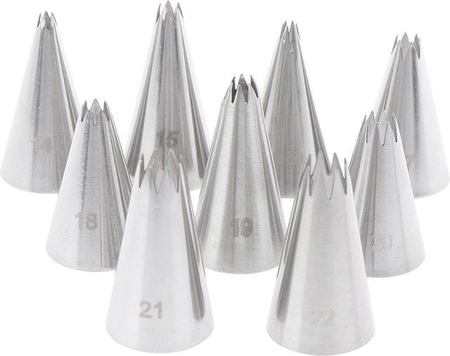 9-teiliges Spritztüllen-Set aus Metall mit Sternformen und Spritzbeuteln in Silber - Bild 1