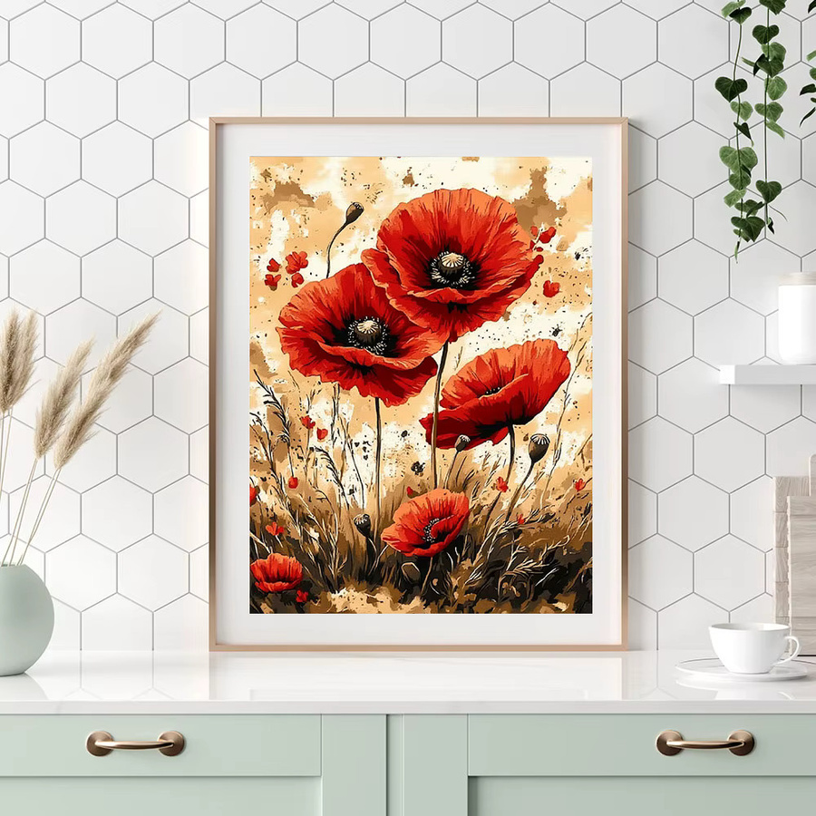 Huacan 5D-Diamantgemälde Mohnblume in Rot, rundes Stickerei-Set zur Wanddekoration - Bild 3