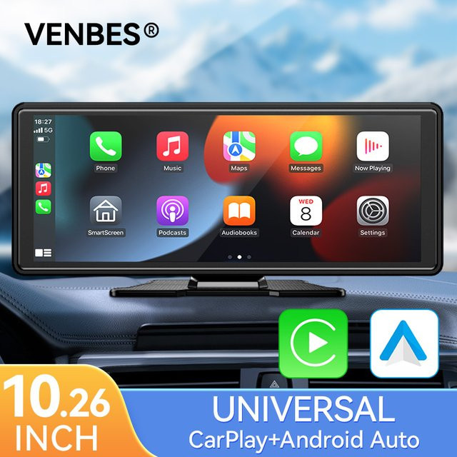 VENBES Universal Autoradio mit 10,26 Zoll IPS HD Touchscreen, Android Auto und Apple CarPlay, Schwarz, mit USB und WLAN sowie Mirrorlink-Unterstützung - Bild 1