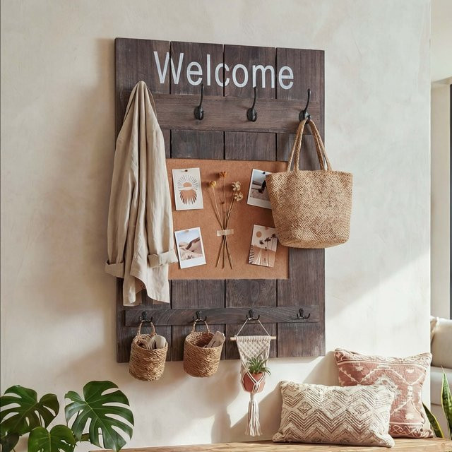 Wandgarderobe MCW-C89 mit Pinnwand und 8 Haken im Shabby-Look Vintage, Farbe: Braun, B/H: 91 x 60 cm - Bild 1
