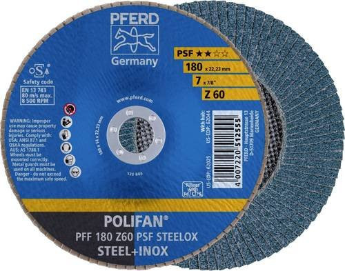 PFERD POLIFAN PSF STEELOX Fächerschleifscheibe für Stahl und Edelstahl, Farbe: Blau, Durchmesser: 180 mm, Bohrungs-Ø: 22,23 mm, Körnung: 60 - Bild 1