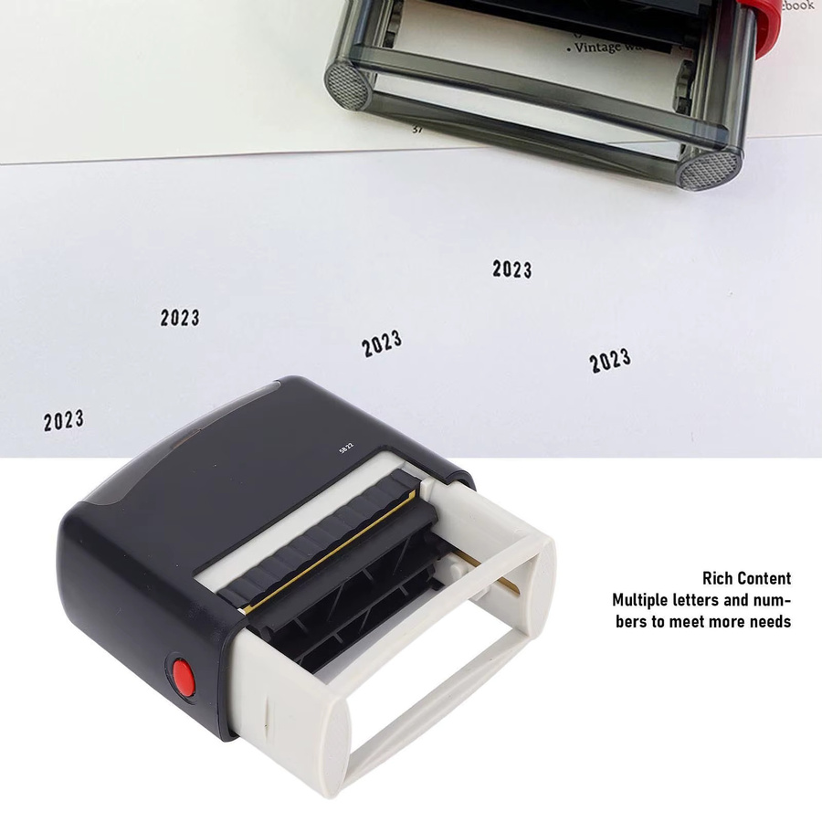 Qiilu Selbstfärbender Automatischer Druckstempel mit Buchstaben, Zahlen, Datum und Symbolen, nachfüllbar, Farbe: Schwarz, B: 58 mm, T: 22 mm - Bild 4