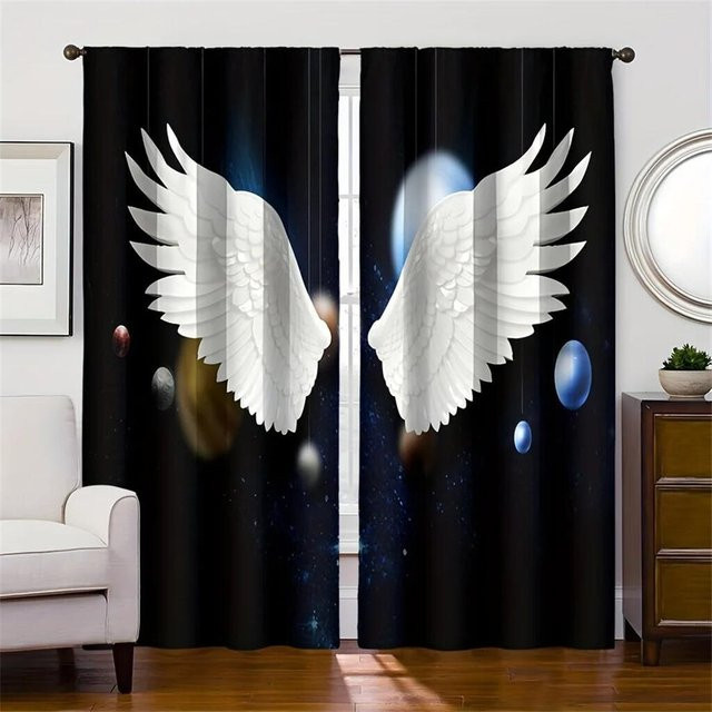 Engelsflügel Sternenvorhänge Fantasy Fenster Vorhänge in Schwarz, 2 Paneele, B: 50 cm, H: 60 cm - Bild 1