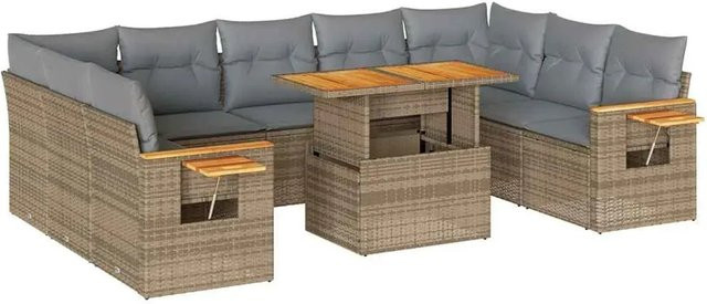 vidaXL 10-teilige Garten-Sofagarnitur aus PE-Rattan und Akazienholz mit Kissen in Beige-Grau - Bild 1